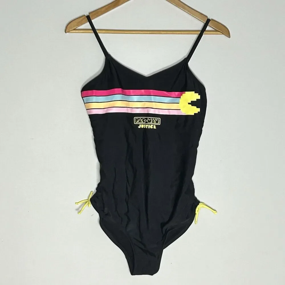 Pac-Man Justice One Piece Swimsuit XL 16 18 Retro Tie Side Black